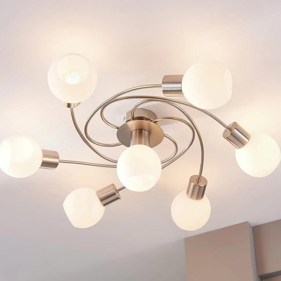 Lindby loftlampe Ciala, 7 lyskilder, nikkelfarvet, glas