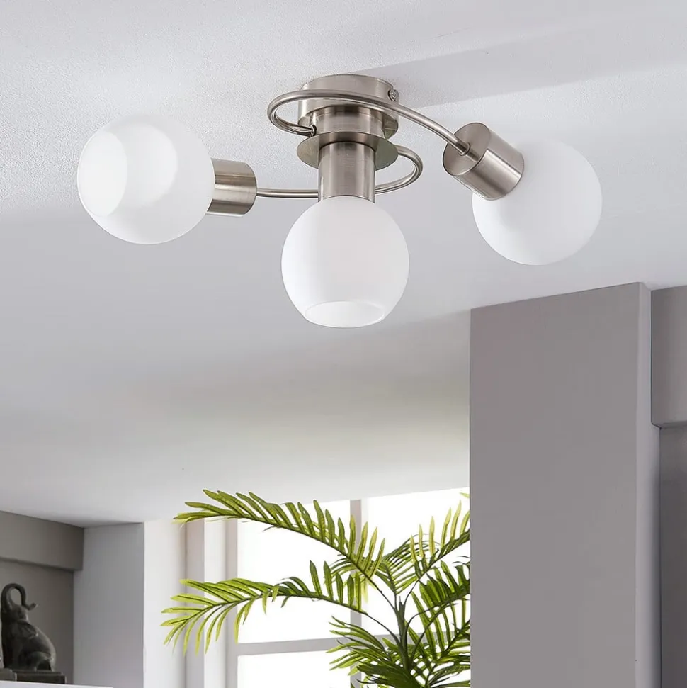 Lindby loftlampe Ciala, 3-lys, nikkelfarvet, glas
