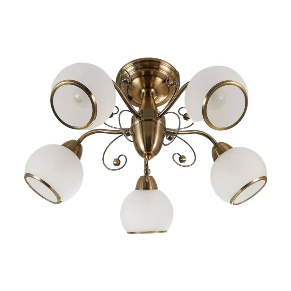 Lindby loftlampe Corentin, 5 lyskilder, hvid/messing, glas