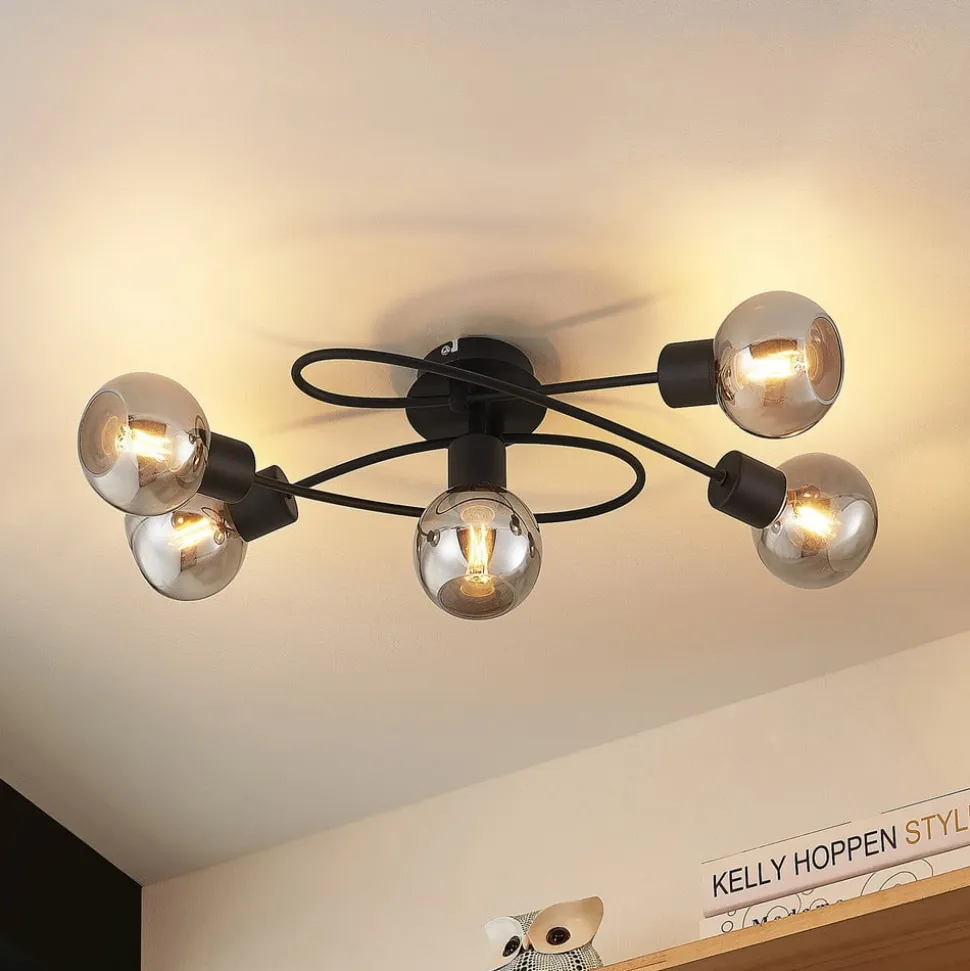 Lindby loftlampe Elaina, 66 cm, 5 lyskilder, sort/røget, E14