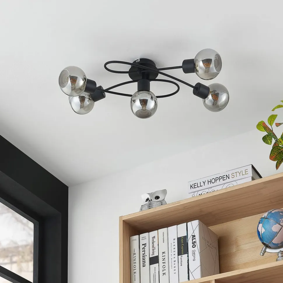 Lindby loftlampe Elaina, 66 cm, 5 lyskilder, sort/røget, E14