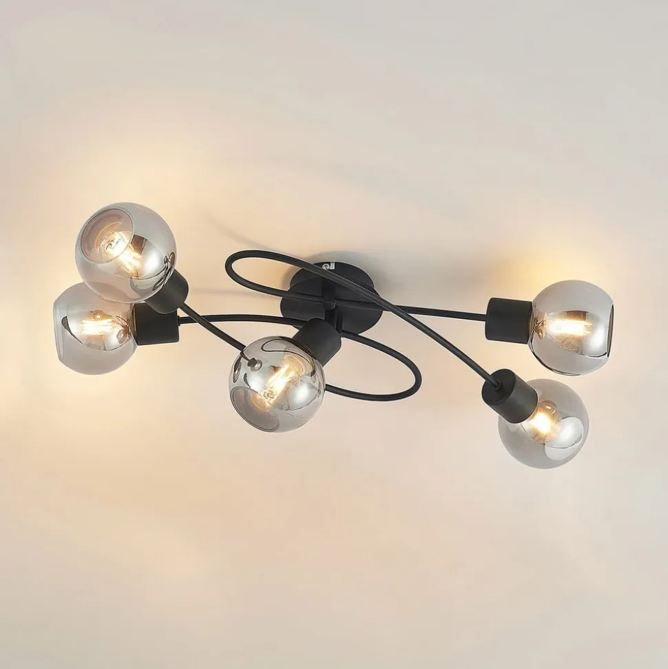 Lindby loftlampe Elaina, 66 cm, 5 lyskilder, sort/røget, E14