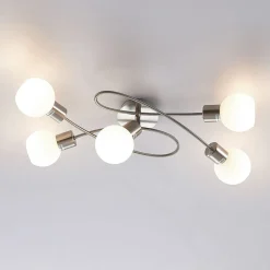 Lindby loftlampe Elaina, 65 cm, 5 lyskilder, nikkel, glas, E14