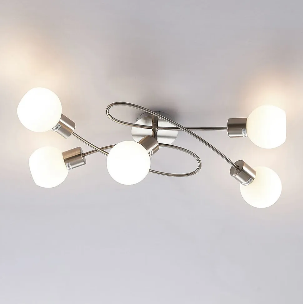 Lindby loftlampe Elaina, 65 cm, 5 lyskilder, nikkel, glas, E14