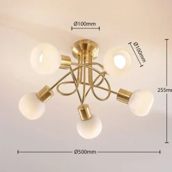 Lindby loftlampe Elaina, Ø50cm, 5 lyskilder, messing, glas, E14