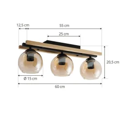Lindby loftlampe Enrique, amber, 3 lyskilder, glas, træ, E27
