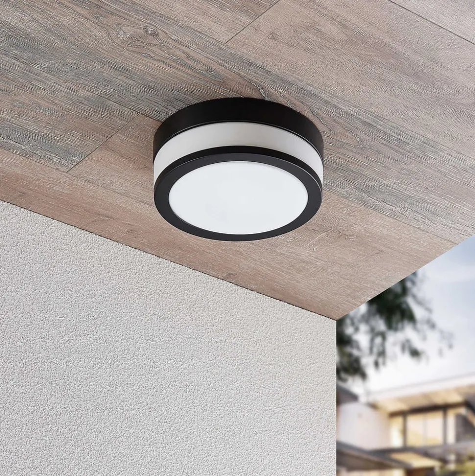Lindby loftlampe Flavi, Ø 23 cm, sort, glas, IP44, E27