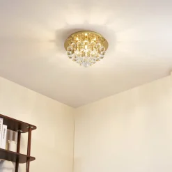 Lindby loftlampe Gillion, 4 lyskilder, guld, krystal, Ø 35cm