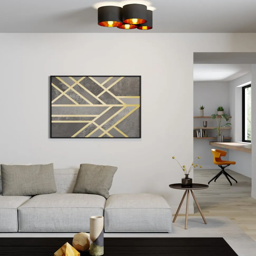 Lindby loftlampe Laurenz, 4 lyskilder, sort/guld, tekstil