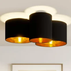 Lindby loftlampe Laurenz, 3 lyskilder, sort/guld, tekstil