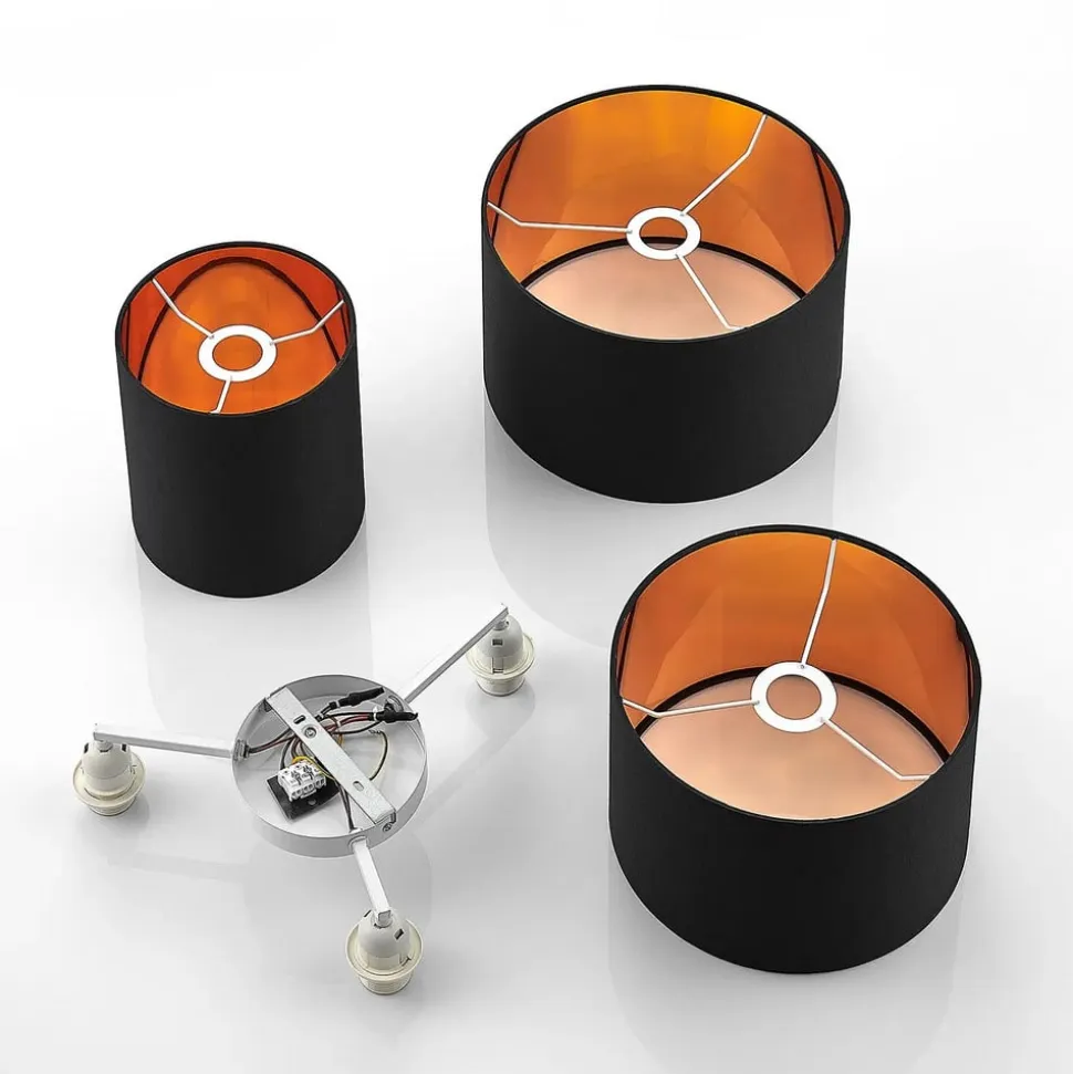 Lindby loftlampe Laurenz, 3 lyskilder, sort/guld, tekstil