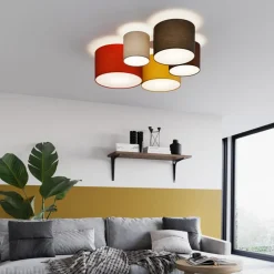 Lindby loftlampe Laurenz, 5 lyskilder, 93 cm, rød/gul, tekstil