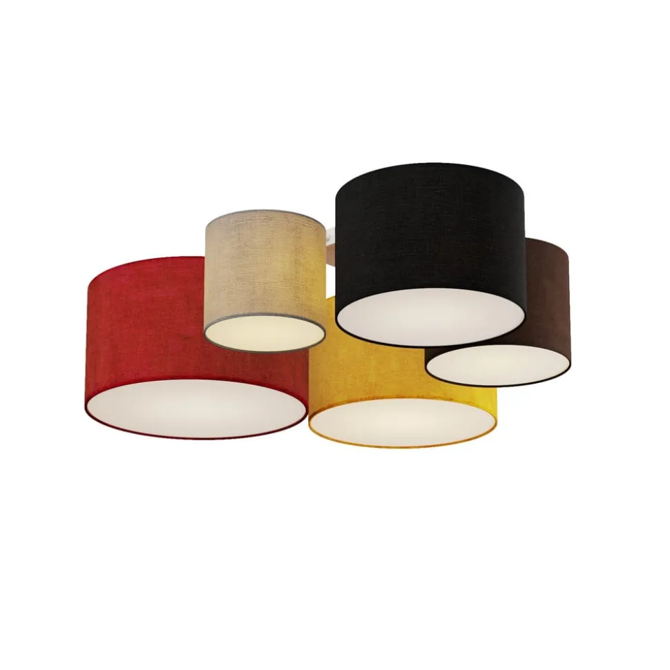 Lindby loftlampe Laurenz, 5 lyskilder, 93 cm, rød/gul, tekstil