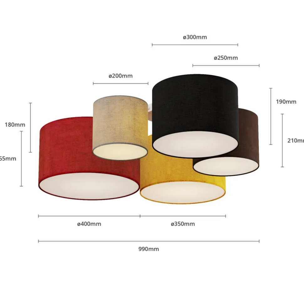 Lindby loftlampe Laurenz, 5 lyskilder, 93 cm, rød/gul, tekstil