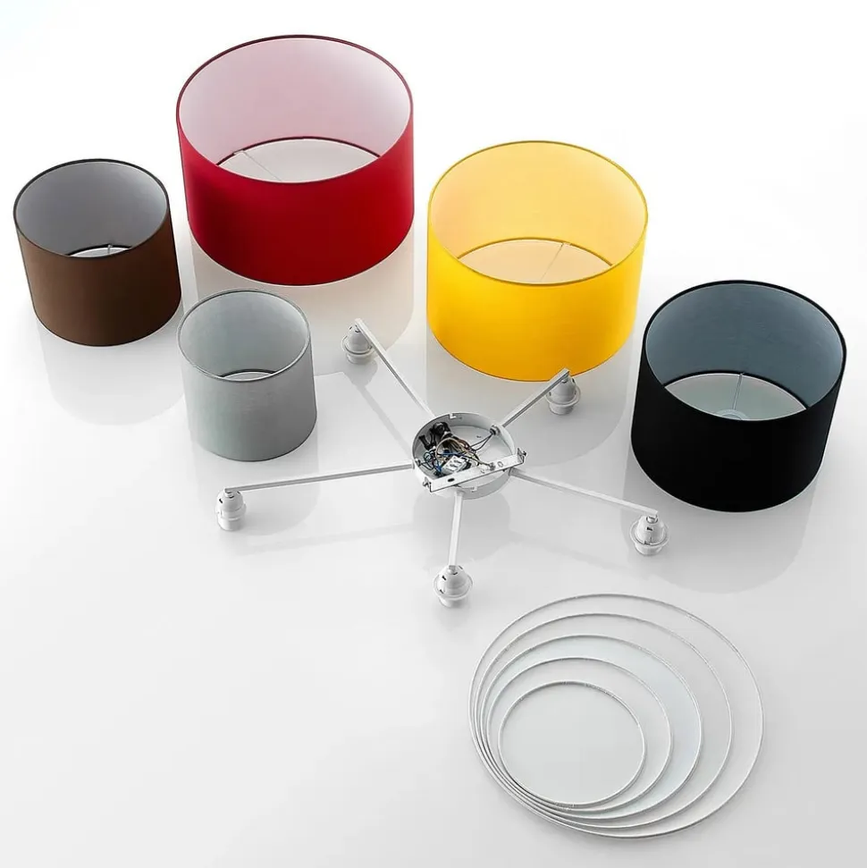 Lindby loftlampe Laurenz, 5 lyskilder, 93 cm, rød/gul, tekstil