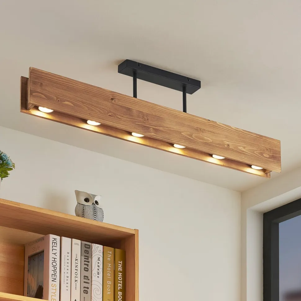 Lindby loftlampe Malwin, GU10, 100 cm lang, 6 lyskilder, træ