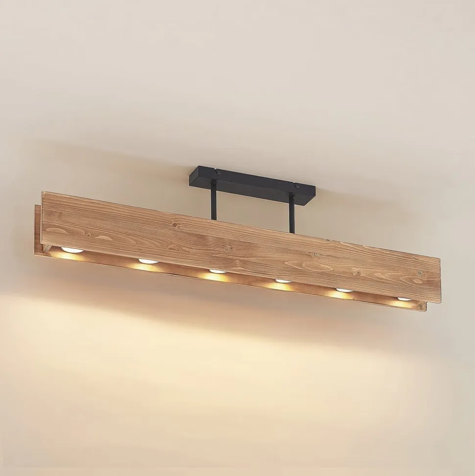 Lindby loftlampe Malwin, GU10, 100 cm lang, 6 lyskilder, træ
