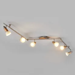 Lindby loftlampe Marena, 6 lyskilder, glas, træ, 180 cm lang