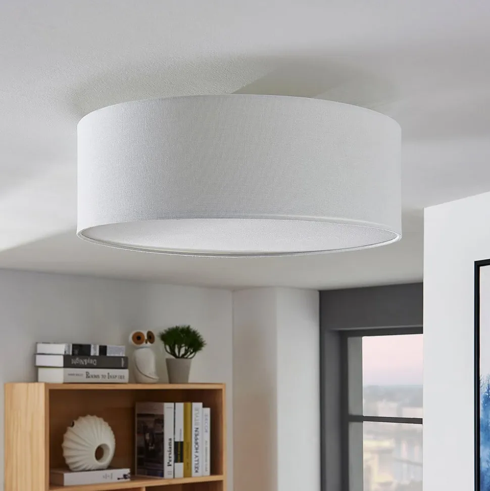 Lindby loftlampe Mariat, hvid, hør, Ø 45 cm, E27