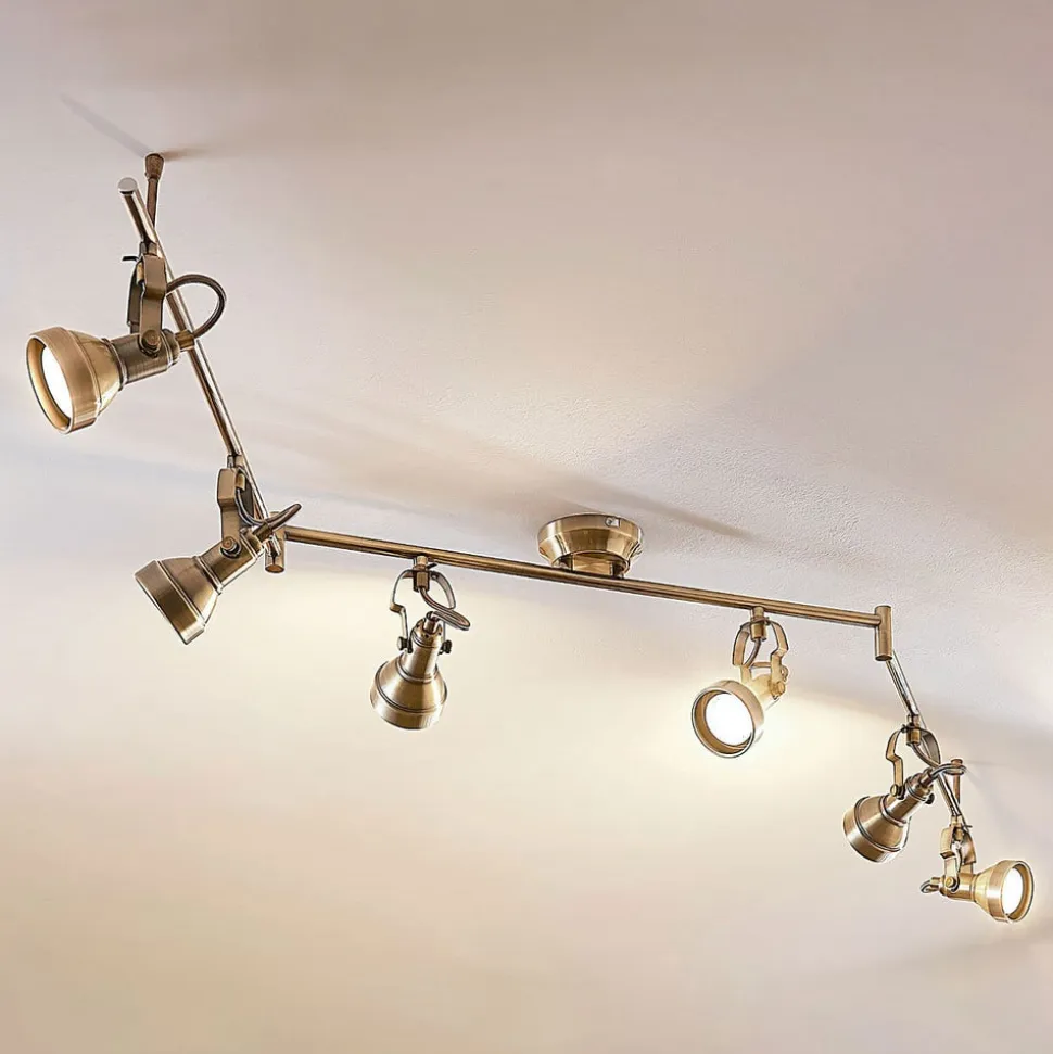 Lindby loftlampe Perseas, 180 cm, 6 lyskilder, antik messing, GU10