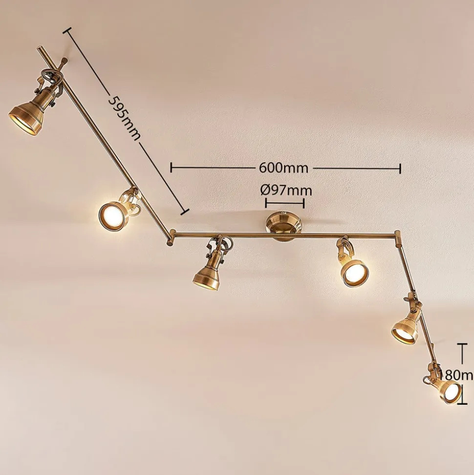 Lindby loftlampe Perseas, 180 cm, 6 lyskilder, antik messing, GU10