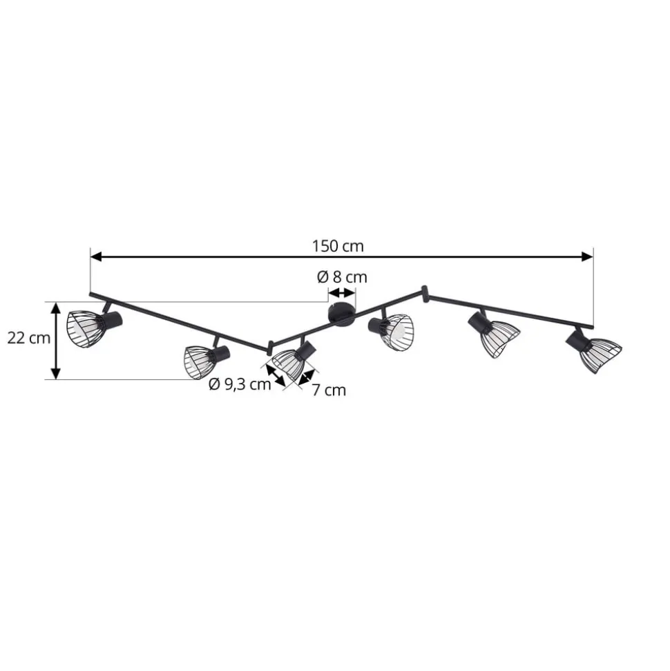 Lindby loftlampe Piena, sort, 6 lyskilder, metal, 150 cm