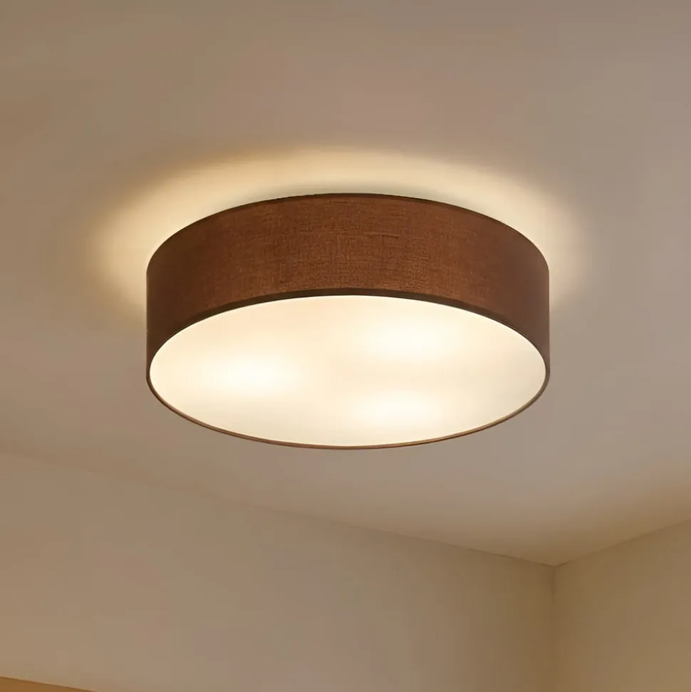 Lindby loftlampe Sebatin, Ø 50 cm, lysebrun, stof, E27