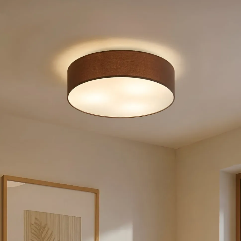 Lindby loftlampe Sebatin, Ø 50 cm, lysebrun, stof, E27