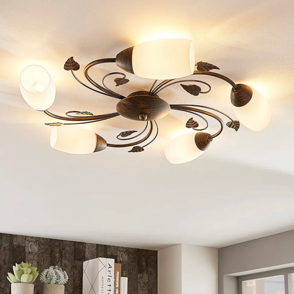 Lindby loftlampe Stefania, 5 lyskilder, sort/guld, Ø58cm