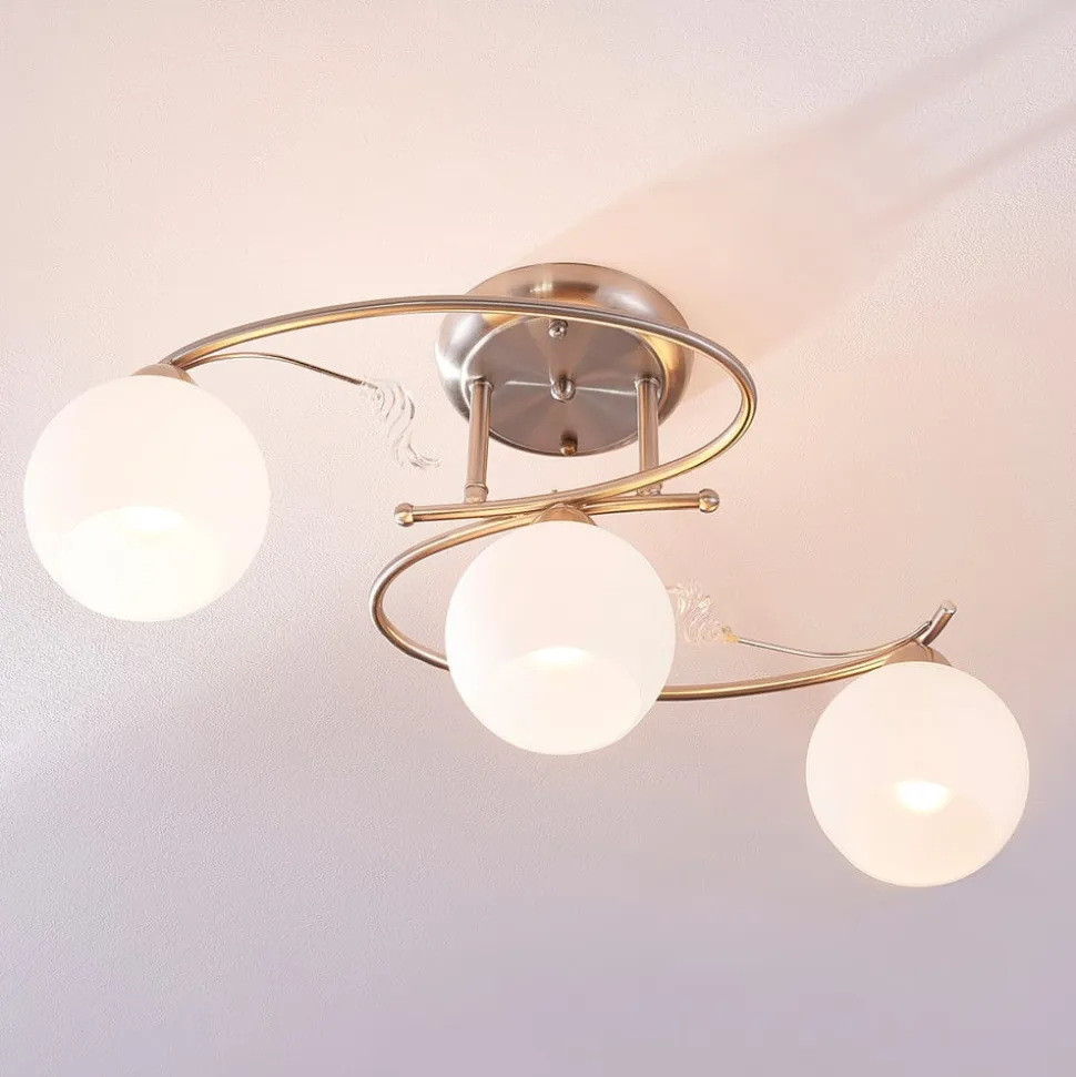 Lindby loftlampe Svean, 3 lyskilder, nikkel/hvid, glas, længde 60 cm