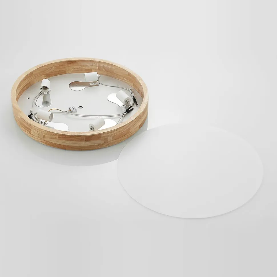 Lindby loftlampe Tanju, Ø 60 cm, 5 lyskilder, egetræ, E27