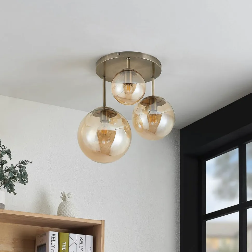 Lindby loftlampe Teeja, amber, 3 lyskilder, Ø47cm, glas, E27