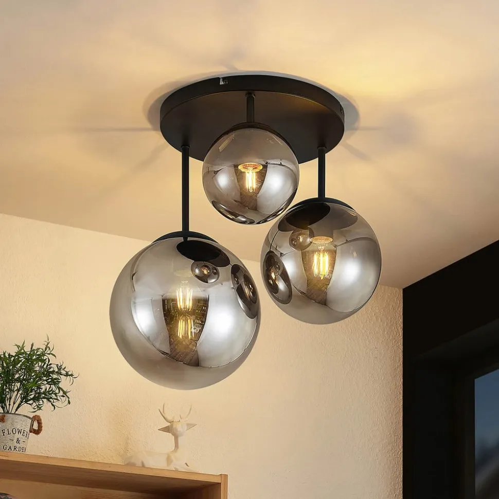 Lindby loftlampe Teeja, smoke, 3 lyskilder, Ø47cm, glas, E27