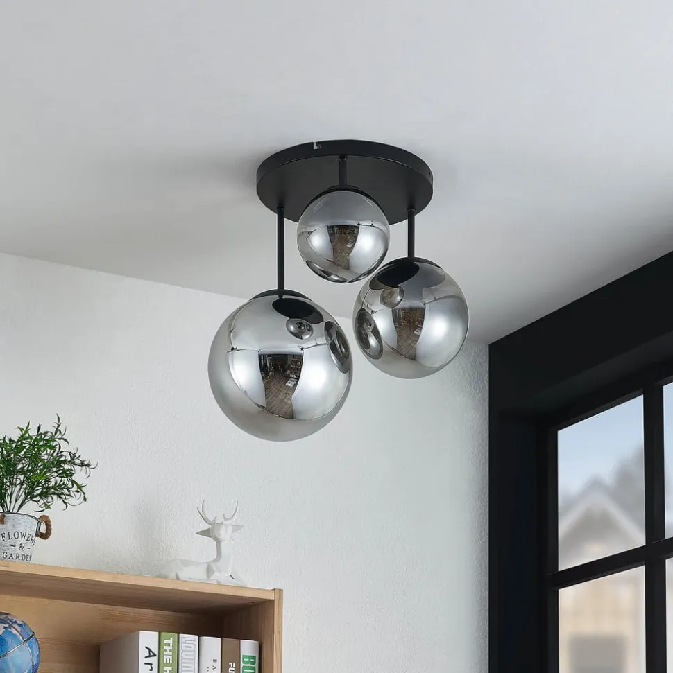 Lindby loftlampe Teeja, smoke, 3 lyskilder, Ø47cm, glas, E27