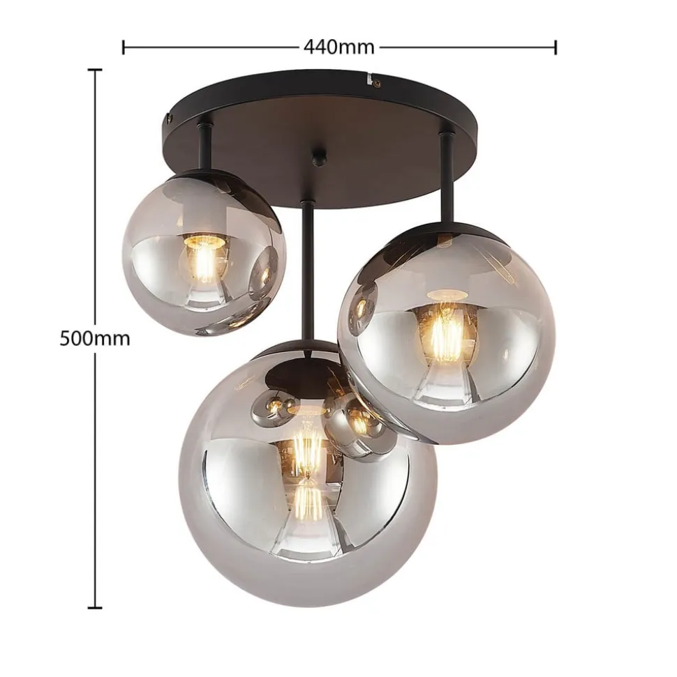 Lindby loftlampe Teeja, smoke, 3 lyskilder, Ø47cm, glas, E27