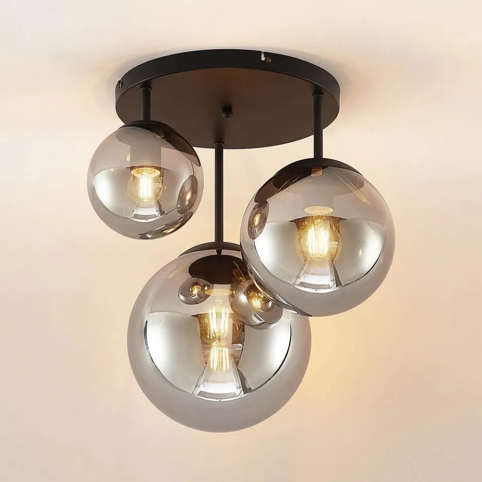 Lindby loftlampe Teeja, smoke, 3 lyskilder, Ø47cm, glas, E27