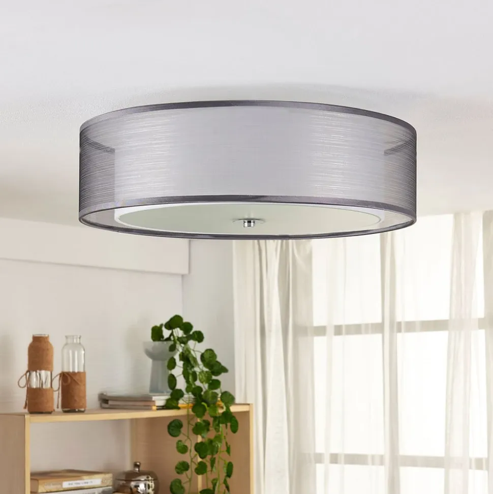 Lindby loftlampe Tobia, grå, tekstil, Ø 50 cm, E27