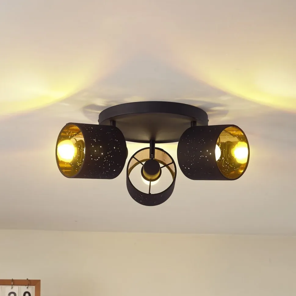 Lindby loftlampe Vasilia, 3 lyskilder, sort/guld, stof