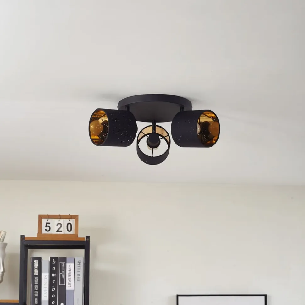 Lindby loftlampe Vasilia, 3 lyskilder, sort/guld, stof