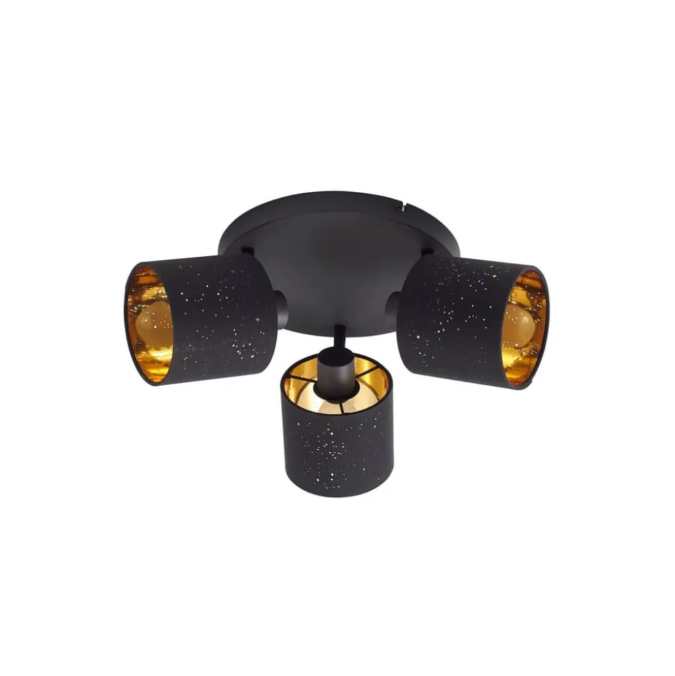 Lindby loftlampe Vasilia, 3 lyskilder, sort/guld, stof