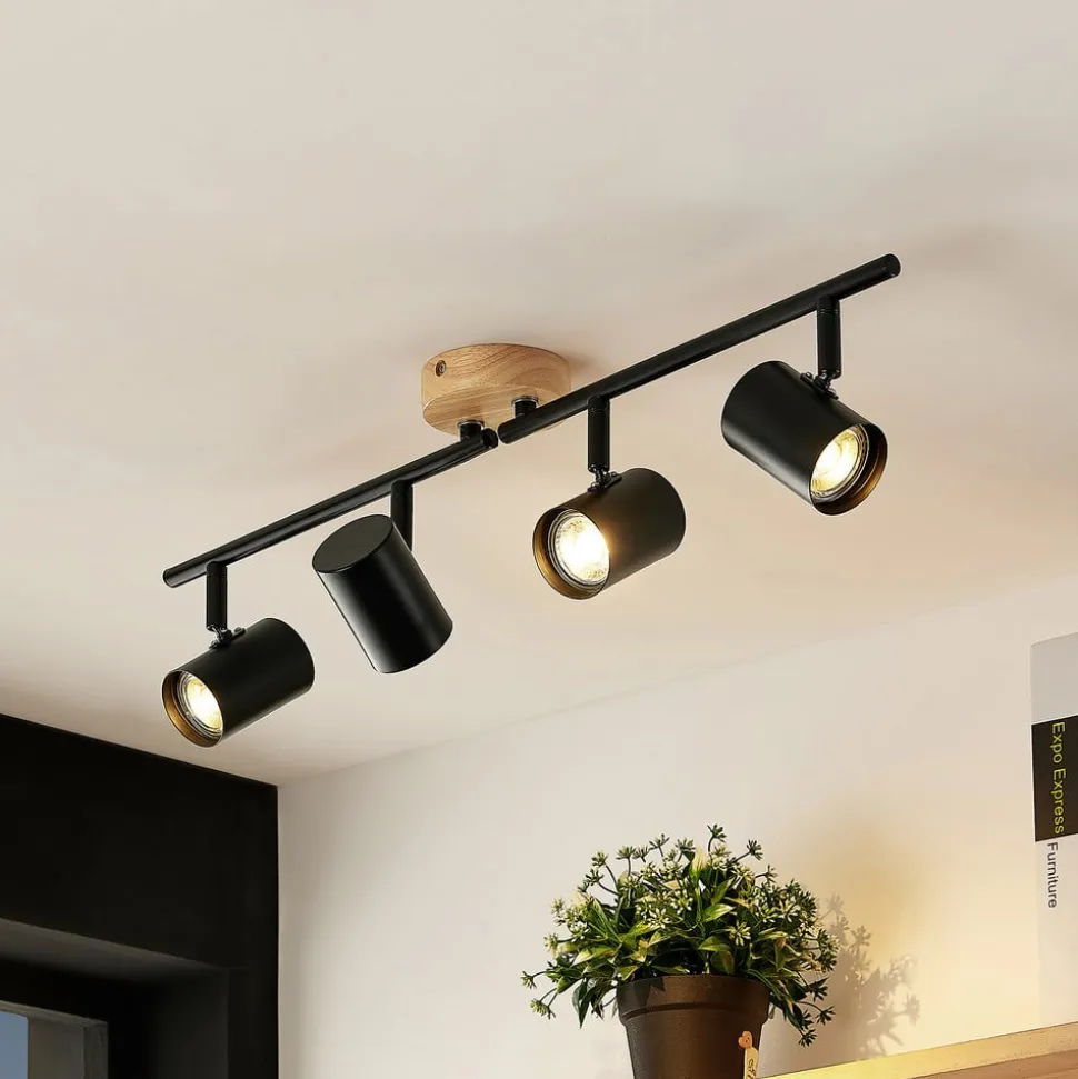 Lindby loftlampe Xiomara, 4 lyskilder, 68 cm lang, træ
