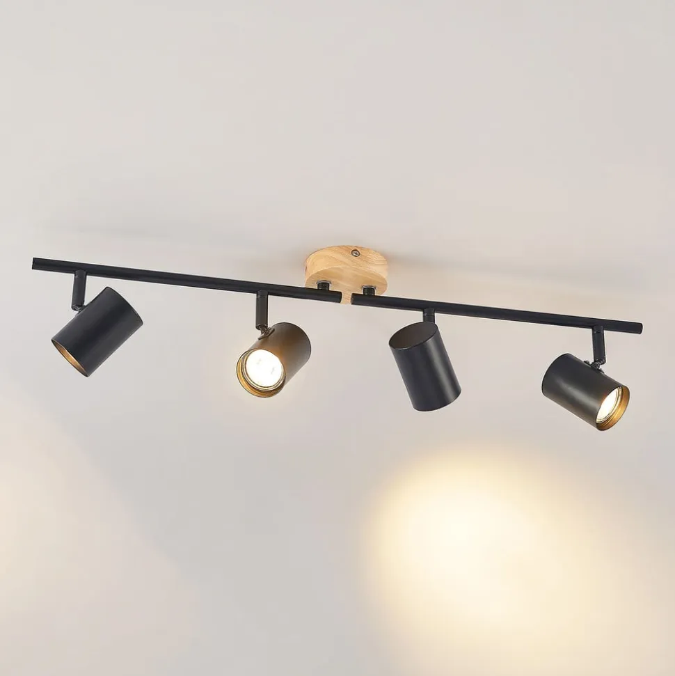 Lindby loftlampe Xiomara, 4 lyskilder, 68 cm lang, træ