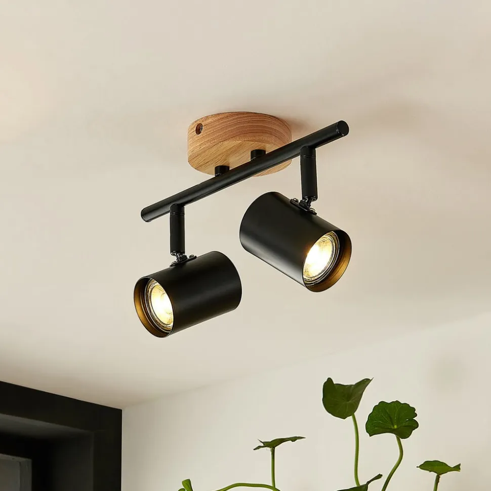 Lindby loftlampe Xiomara, 2 lyskilder, 27 cm lang, træ