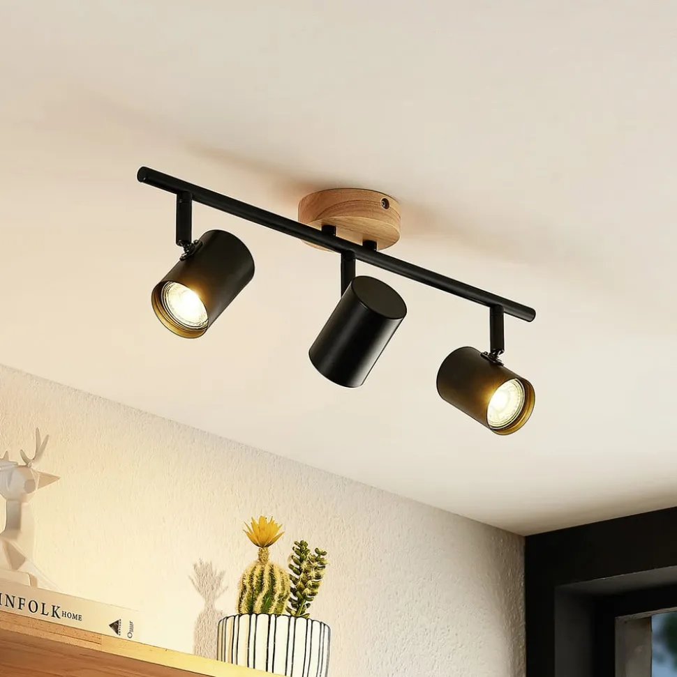 Lindby loftlampe Xiomara, 3 lyskilder, 68 cm lang, træ