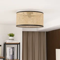 Lindby Loftlampe Yaelle, Ø 40 cm, Rattan, sort, E27