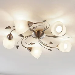 Lindby loftlampe Yannie, 5 lyskilder, 60 cm, nikkel/hvid, glas