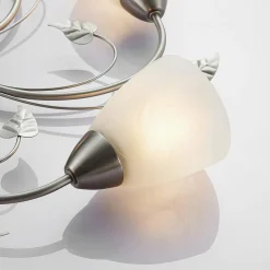 Lindby loftlampe Yannie, 5 lyskilder, 60 cm, nikkel/hvid, glas
