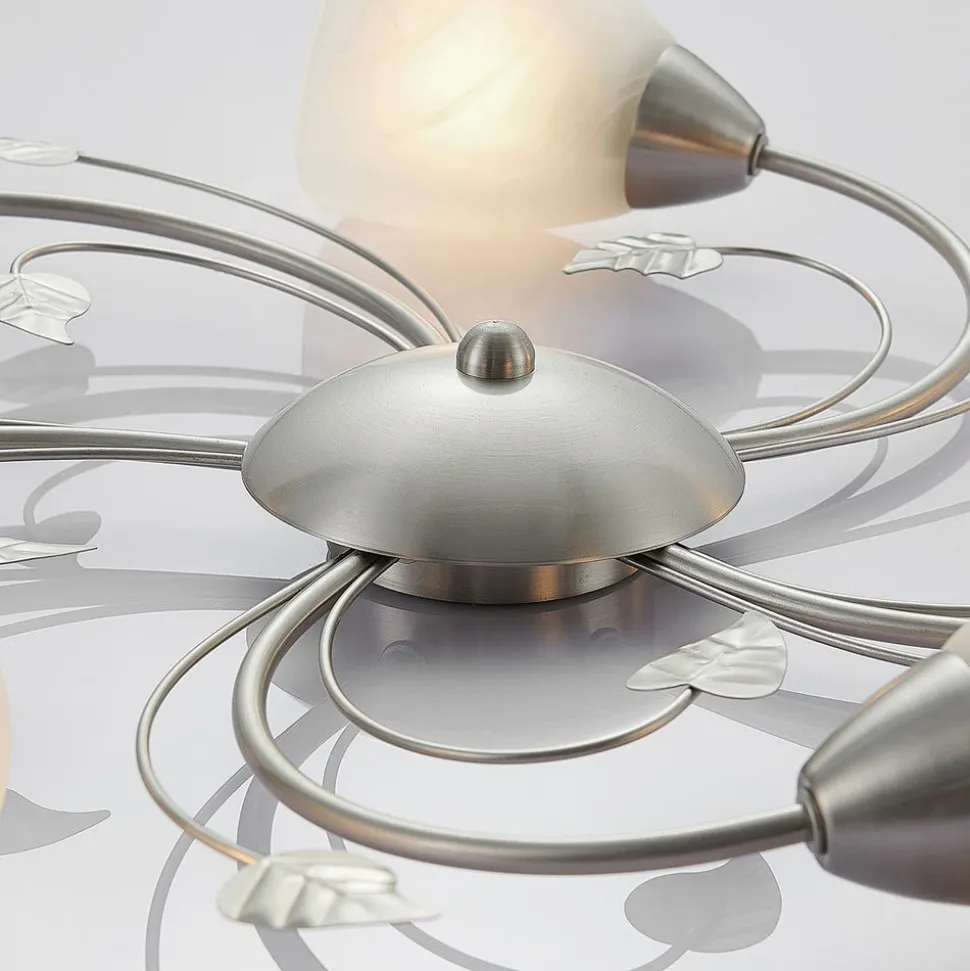 Lindby loftlampe Yannie, 5 lyskilder, 60 cm, nikkel/hvid, glas
