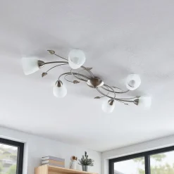 Lindby loftlampe Yannie, 6 lyskilder, 106 cm, nikkel/hvid, glas