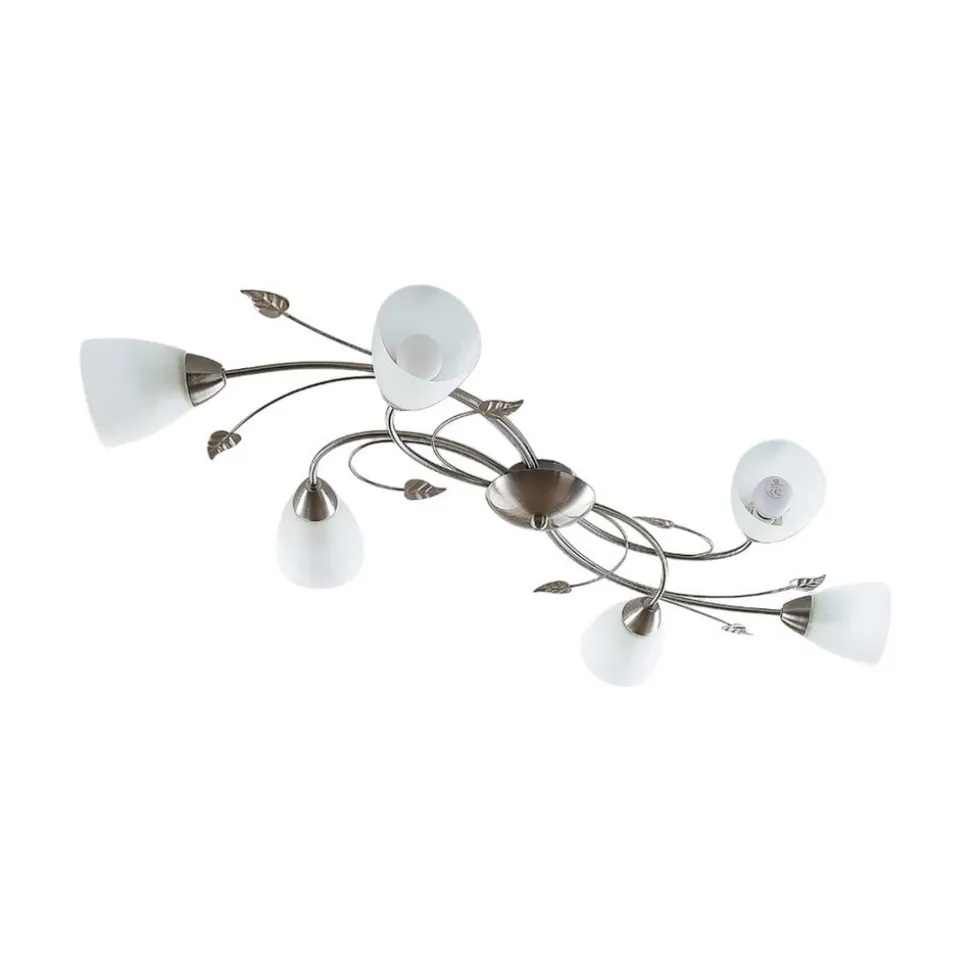 Lindby loftlampe Yannie, 6 lyskilder, 106 cm, nikkel/hvid, glas